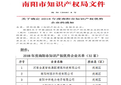 河南人生就是博-尊龙凯时医疗股份有限公司获评为2018年度“南阳市知识产权优势企业”称号